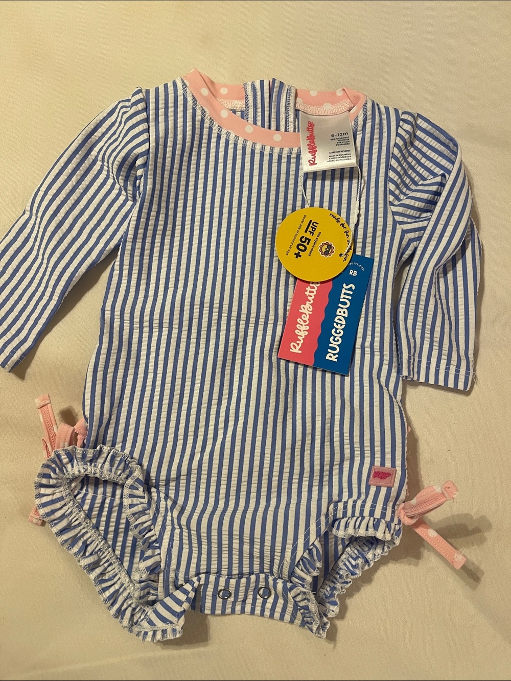 Rufflebutts Blue & White Stripe Long-Sleeve Baby Swim Suit with Pink Trim